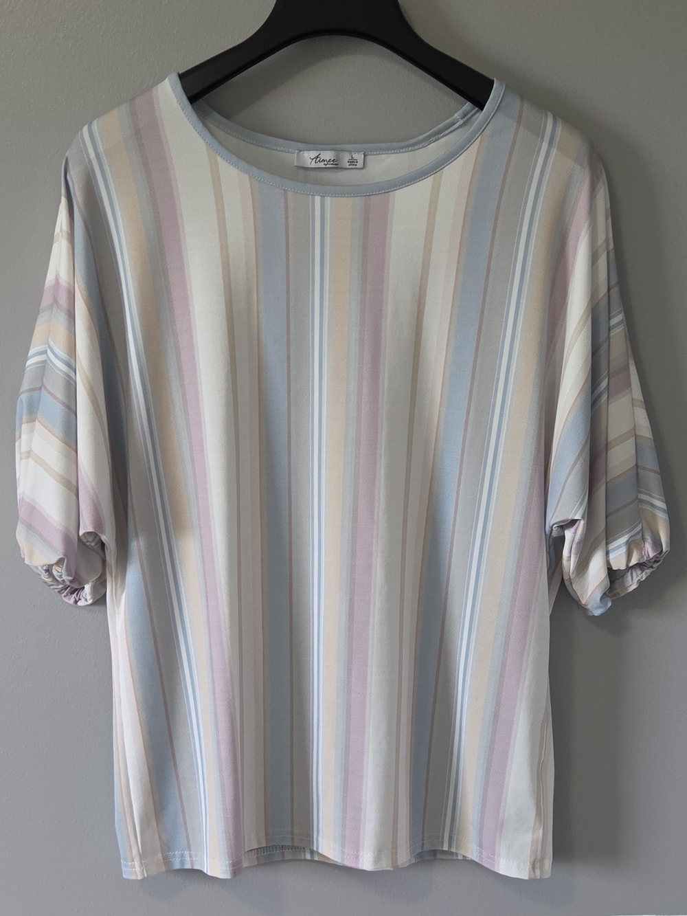 Pastel Stripe Short Sleeve Blouse - Cream, Blue & Pink 70s 80s Look Size L